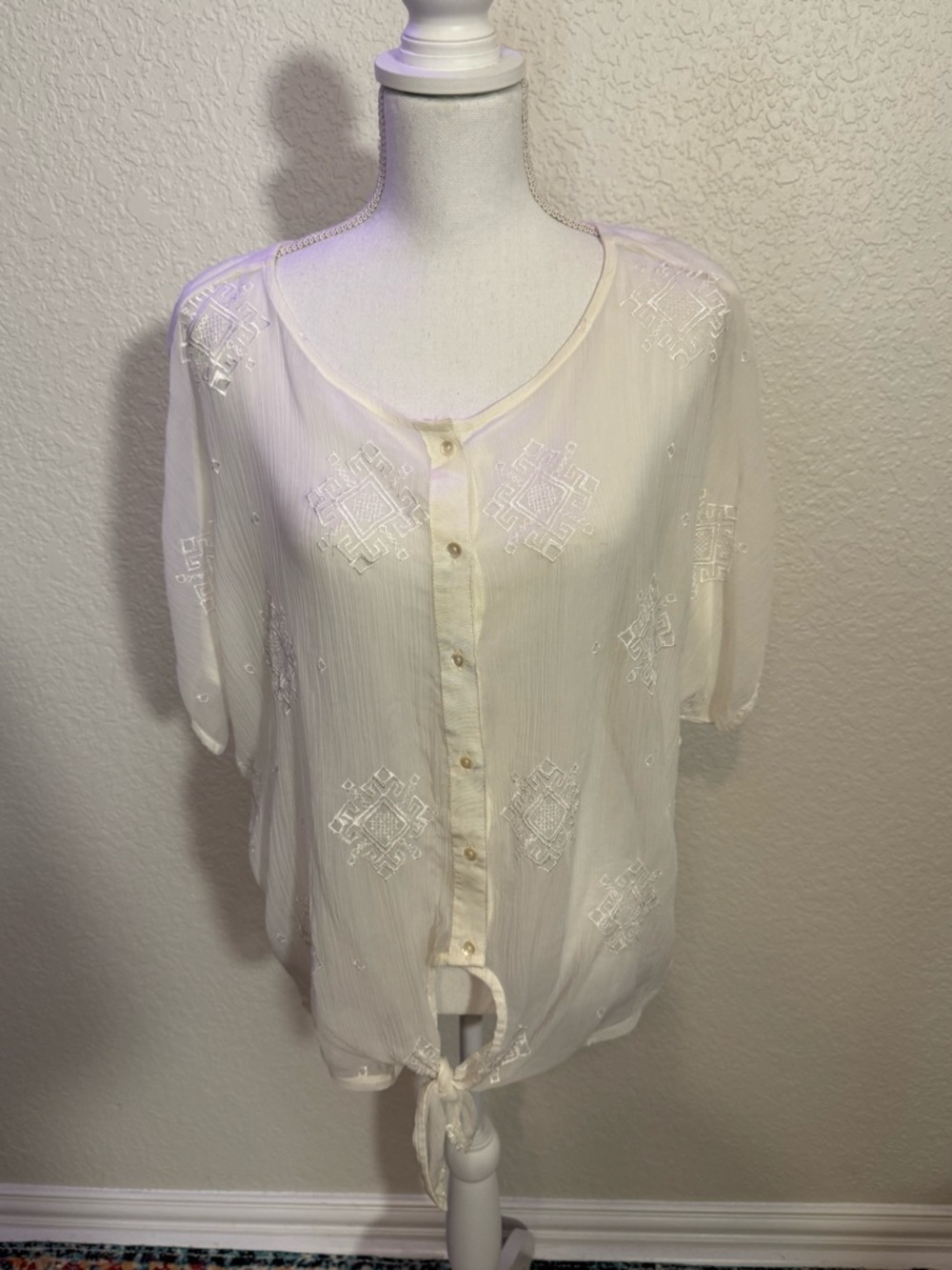 RXB Cream Embroidered Tie-Front Button Down Top